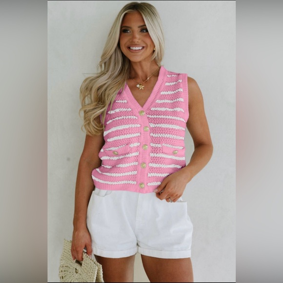 Caitlyn- Pink and White Striped Knit Vest - Picture 3 of 3